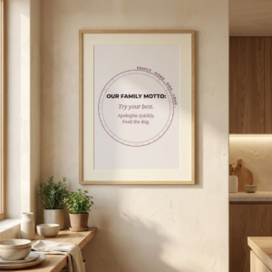 fMinimalist funny dog family motto printable wall art with neutral tones and typography reading “Try your best, apologise quickly, feed the dog,” digital download poster for dog mums, pet owners, living room decor, entryway styling, mudroom wall art, and cozy modern home interiors.