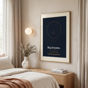 Minimalist sarcastic motivational quote printable wall art with hot air balloon illustration, navy and gold aesthetic typography design, digital download poster for home office decor, dorm rooms, creative workspaces, and modern gallery wall styling