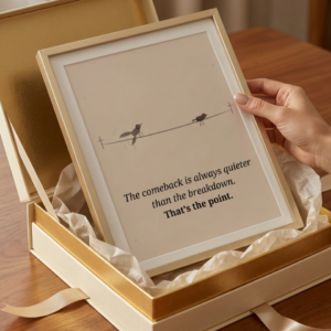 Digital download print. Warm Blush minimalist art showing two birds on a wire - one mid fall with wings open and one perched perfectly still - with the quote " The come back is always quieter than the breakdown. That the point." Buy as a meaningful gift for someone who has been though a hard time.