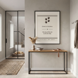 Funny dog quote printable wall art with minimalist typography design and paw print detail, digital download welcome sign for dog lovers, entryway decor, mudroom wall art, gallery walls, and cozy pet-friendly home interiors.