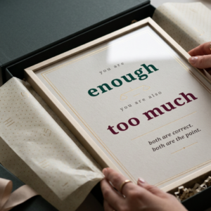 Instant download Print. Emerald and aubergine typography print on neutral background with scales illustration. Print reads, " you are enough. you are also too much. both are correct. both are the point.