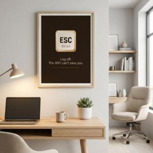 Instant Download Print. Minimal ESC keyboard key Illustrations in Neutral and gold tones on deep warm brown background. Typography Reads; Log off. The WiFi can't save you. The overall feel is Quiet, brooding. This print perfect gift for the most online person you know.