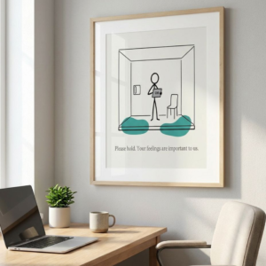Digital download print from Jacktoad Quiet print Co. Featuring stick figure illustration alone in a waiting room, on and off white background with green tones ,clutching a ticket. Typography reads: Please hold. Your feelings are important to us. This print is perfect home office decor, every therapy waiting room(genuinely), or as gifts for anyone who has been told to "sit with their feelings" and found the experience underwhelming