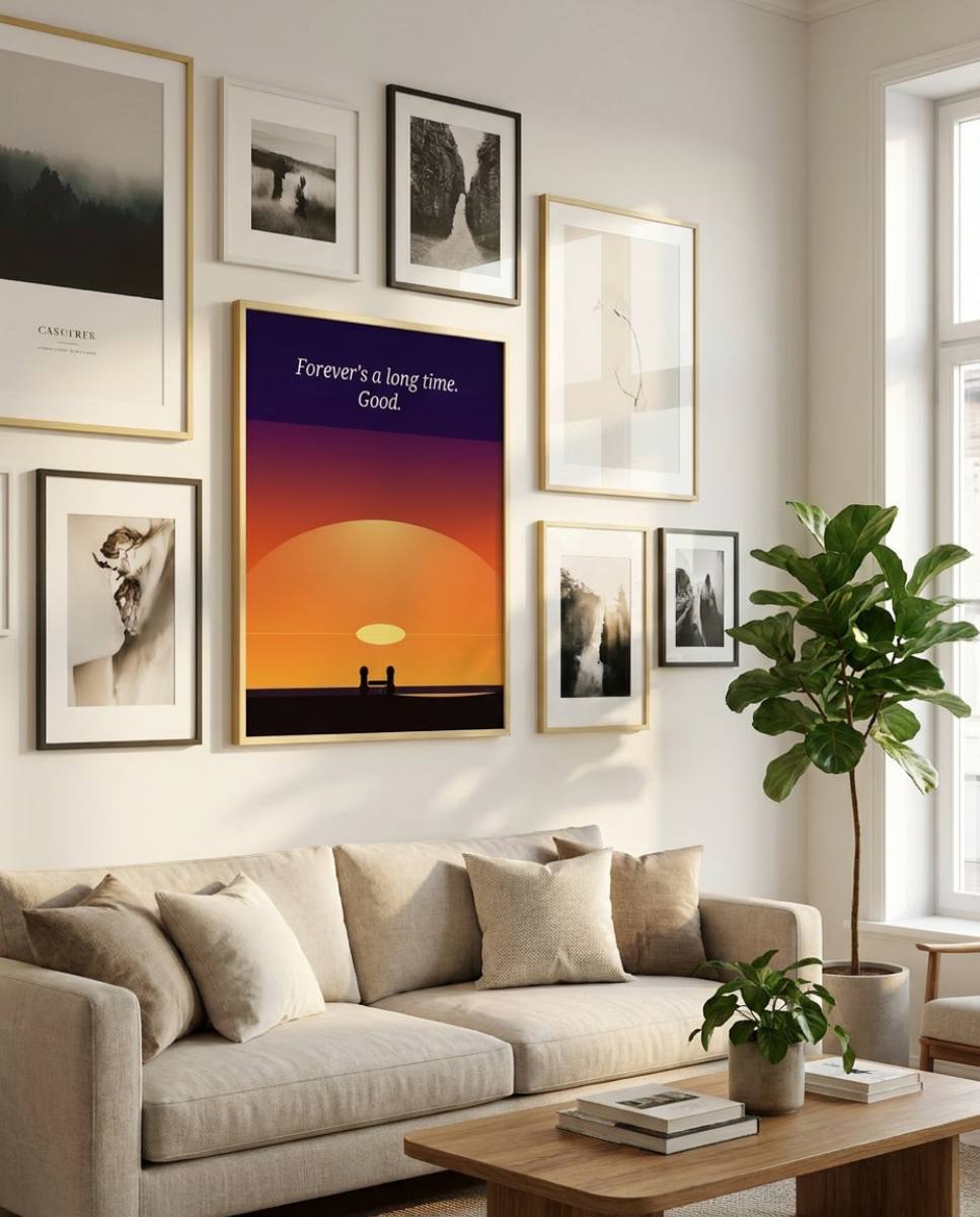 forever mock up Digital Print. A vast amber and violet sunset background, two tiny silhouettes hand in hand in the horizon. Typography Reads Forever's a long time. Good. A breathtaking minimalist print that would look good on large canvas.