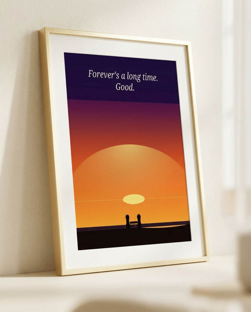 forever mock up2 Digital Print. A vast amber and violet sunset background, two tiny silhouettes hand in hand in the horizon. Typography Reads Forever's a long time. Good. A breathtaking minimalist print that would look good on large canvas.