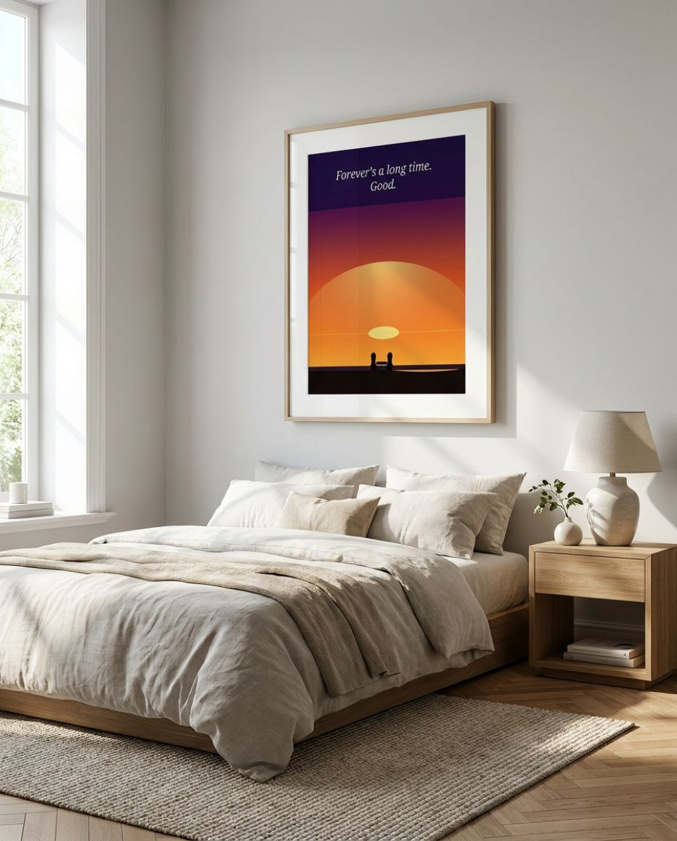 forever mock up5 Digital Print. A vast amber and violet sunset background, two tiny silhouettes hand in hand in the horizon. Typography Reads Forever's a long time. Good. A breathtaking minimalist print that would look good on large canvas.