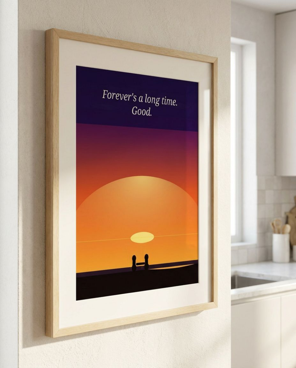 forever mock up6 Digital Print. A vast amber and violet sunset background, two tiny silhouettes hand in hand in the horizon. Typography Reads Forever's a long time. Good. A breathtaking minimalist print that would look good on large canvas.
