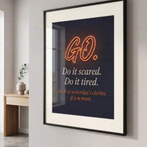 Bold minimalist motivational wall art featuring neon-inspired typography with navy and orange accents, “Do it scared” inspirational quote printable digital download for home office, entryway, bedroom, or therapy space decor with modern sarcastic aesthetic styling.