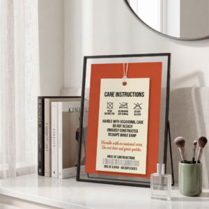 Graphic illustration of a vintage cream-colored clothing care tag hanging by a white string against a burnt orange background. The text reads "Care Instructions", "Read Before Use", "No Ironing Out Quirks", "Do Not Bleach", and "Made of Contradictions" with matching playful laundry icons.
