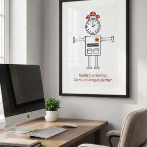 Instant download Print from JackToad Quit Print Co. featuring line art lustration of a robot figure stacked with alarm clock, sky notes, mushrooms - Typography reads :Highly functioning. Not investigate further. Sarcastic wall art perfect for office desk setup or as bathroom art and living spaces