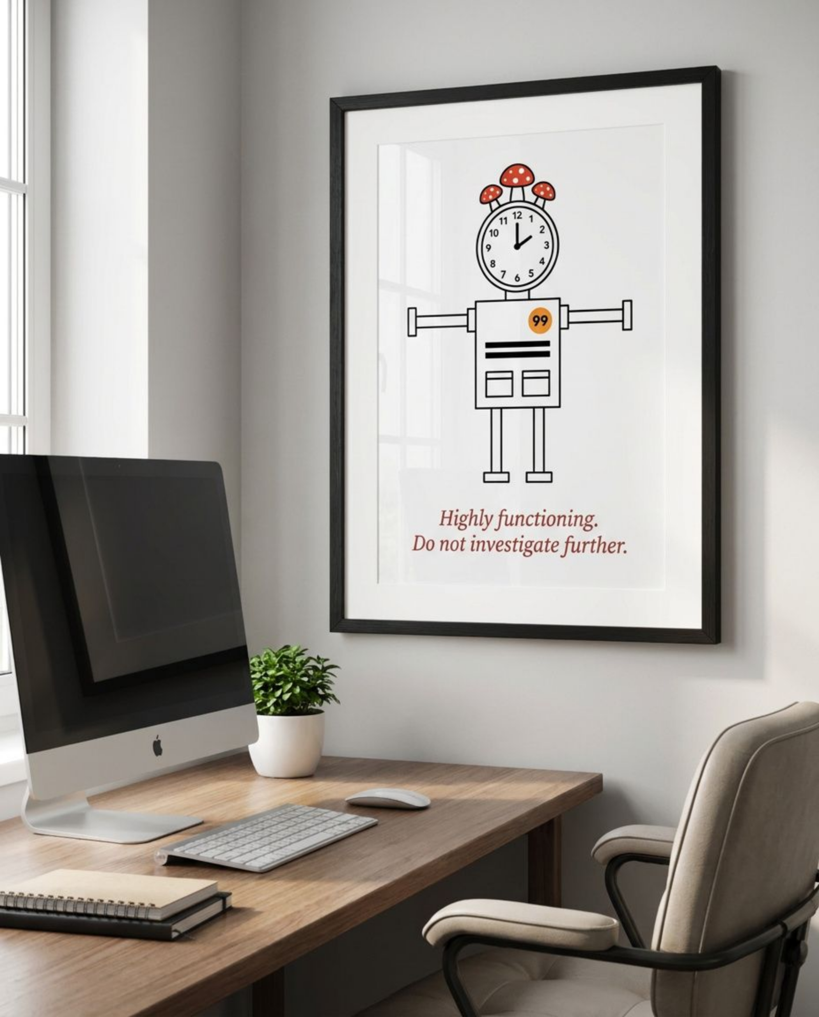 highly functioning print Instant download Print from JackToad Quit Print Co. featuring line art lustration of a robot figure stacked with alarm clock, sky notes, mushrooms - Typography reads :Highly functioning. Not investigate further. Sarcastic wall art perfect for office desk setup or as bathroom art and living spaces