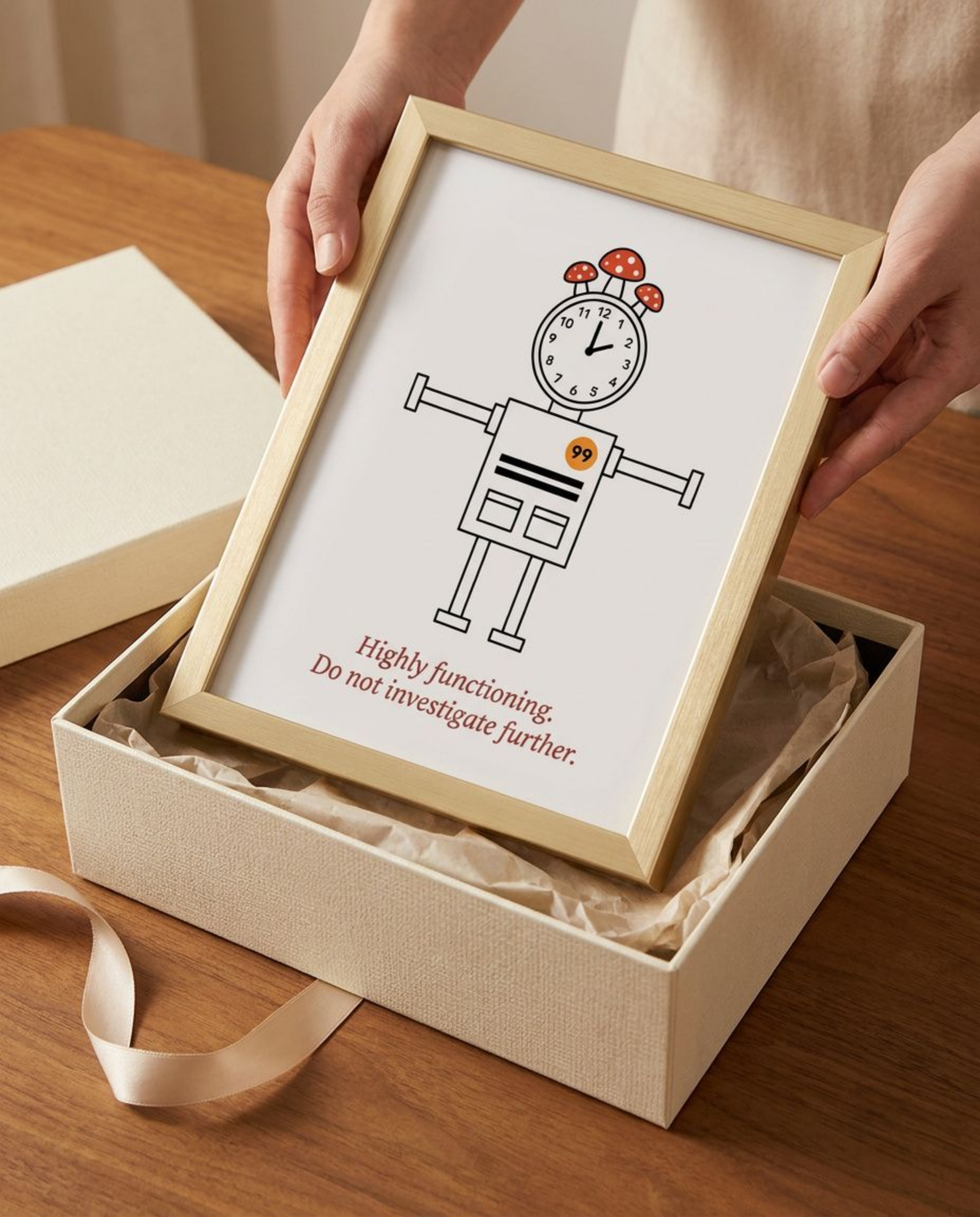 highly functioning poster Instant download Print from JackToad Quit Print Co. featuring line art lustration of a robot figure stacked with alarm clock, sky notes, mushrooms - Typography reads :Highly functioning. Not investigate further. Sarcastic wall art perfect for office desk setup or as bathroom art and living spaces
