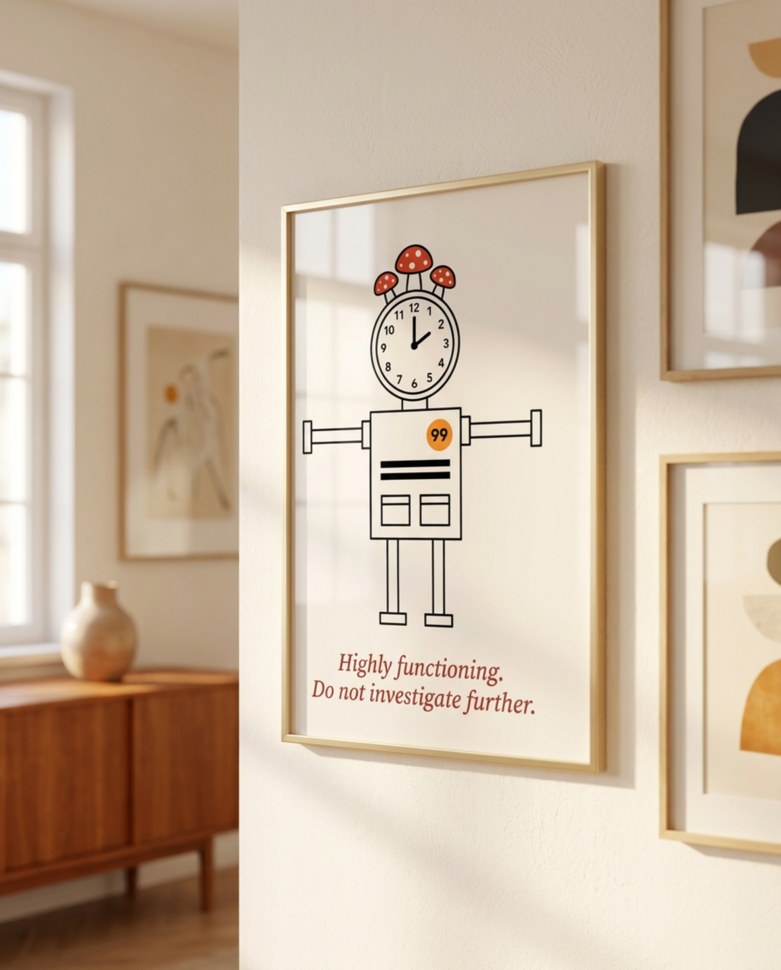 highly functioning mock up6 Instant download Print from JackToad Quit Print Co. featuring line art lustration of a robot figure stacked with alarm clock, sky notes, mushrooms - Typography reads :Highly functioning. Not investigate further. Sarcastic wall art perfect for office desk setup or as bathroom art and living spaces