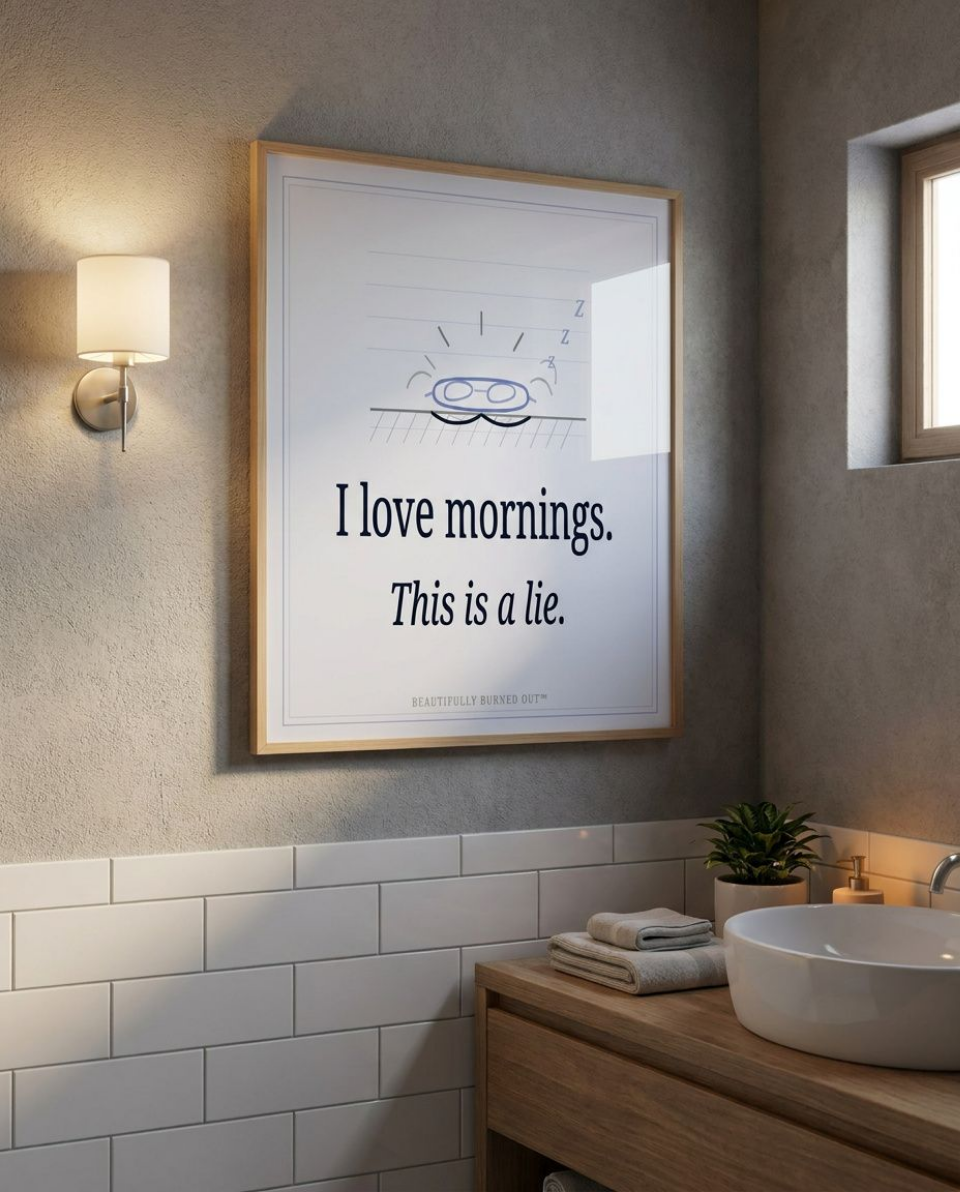 mornings mock up Instant Download Print. This original minimalist print features a hand drawn sun barely cresting the horizon -wearing a tiny sleep mask emitting three reluctant Z's into the morning sky - paired with the most honest statement any of us will ever make. "I Love mornings. This is a lie." in cool periwinkle and midnight navy. The overall feel is calm , quiet and absolutely exhausted. A perfect gift for for someone who is definitely anti-mornings