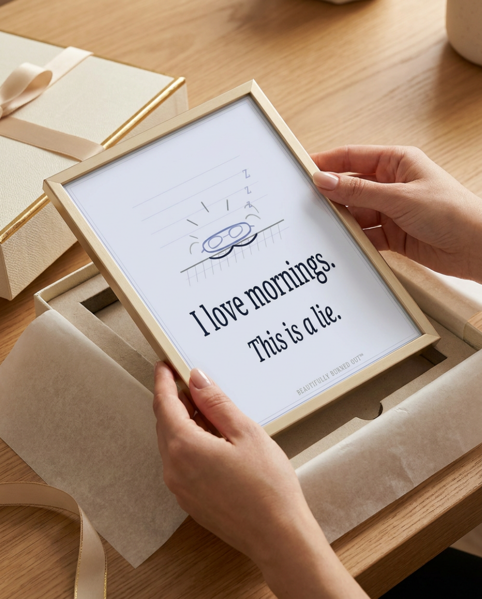 mornings mock up3 Instant Download Print. This original minimalist print features a hand drawn sun barely cresting the horizon -wearing a tiny sleep mask emitting three reluctant Z's into the morning sky - paired with the most honest statement any of us will ever make. "I Love mornings. This is a lie." in cool periwinkle and midnight navy. The overall feel is calm , quiet and absolutely exhausted. A perfect gift for for someone who is definitely anti-mornings