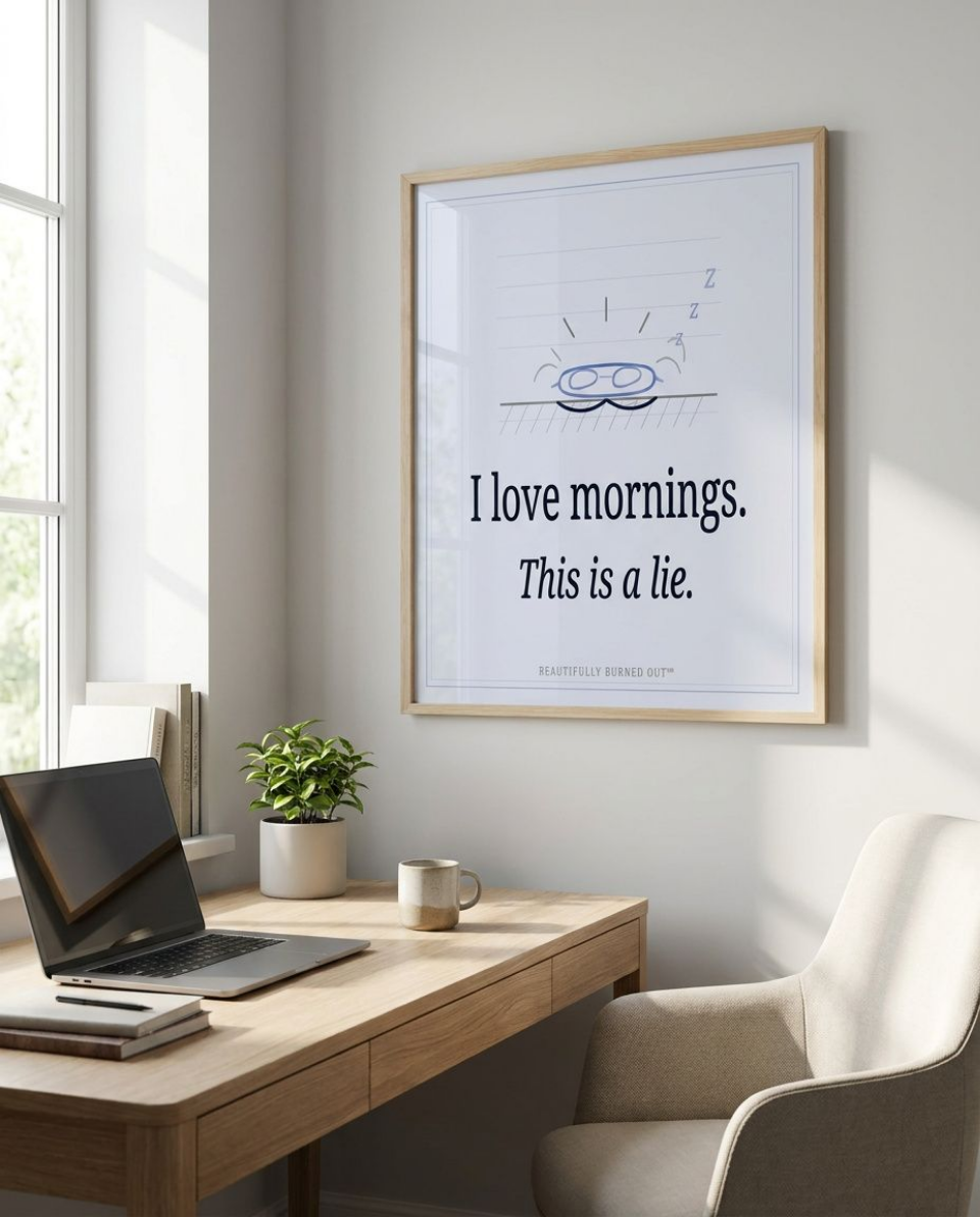 mornings mock up4 Instant Download Print. This original minimalist print features a hand drawn sun barely cresting the horizon -wearing a tiny sleep mask emitting three reluctant Z's into the morning sky - paired with the most honest statement any of us will ever make. "I Love mornings. This is a lie." in cool periwinkle and midnight navy. The overall feel is calm , quiet and absolutely exhausted. A perfect gift for for someone who is definitely anti-mornings