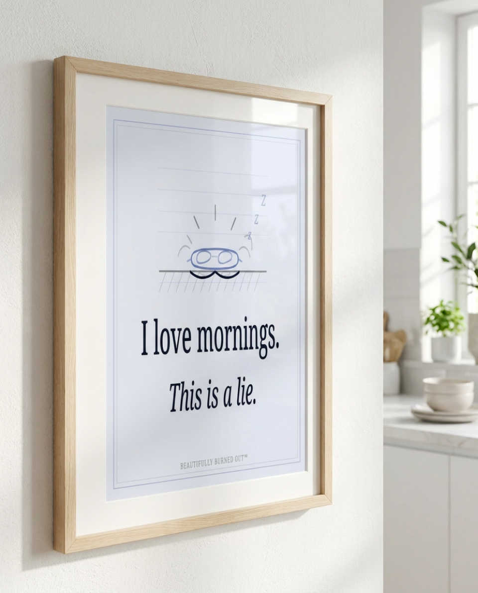 mornings mock up5 Instant Download Print. This original minimalist print features a hand drawn sun barely cresting the horizon -wearing a tiny sleep mask emitting three reluctant Z's into the morning sky - paired with the most honest statement any of us will ever make. "I Love mornings. This is a lie." in cool periwinkle and midnight navy. The overall feel is calm , quiet and absolutely exhausted. A perfect gift for for someone who is definitely anti-mornings