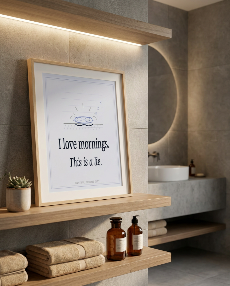mornings mock up6 Instant Download Print. This original minimalist print features a hand drawn sun barely cresting the horizon -wearing a tiny sleep mask emitting three reluctant Z's into the morning sky - paired with the most honest statement any of us will ever make. "I Love mornings. This is a lie." in cool periwinkle and midnight navy. The overall feel is calm , quiet and absolutely exhausted. A perfect gift for for someone who is definitely anti-mornings
