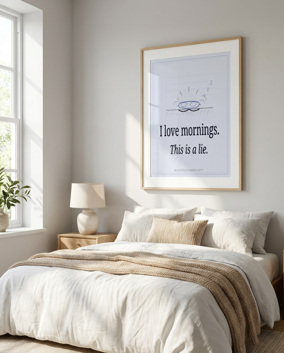 mornings LIE POSTER Instant Download Print. This original minimalist print features a hand drawn sun barely cresting the horizon -wearing a tiny sleep mask emitting three reluctant Z's into the morning sky - paired with the most honest statement any of us will ever make. "I Love mornings. This is a lie." in cool periwinkle and midnight navy. The overall feel is calm , quiet and absolutely exhausted. A perfect gift for for someone who is definitely anti-mornings