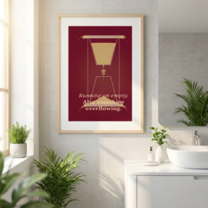 A minimalist graphic design on a deep red background. It features a stylized beige hourglass combined with a coffee dripper silhouette. Text at the bottom reads: "Running on empty. Also somehow overflowing."