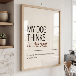 Minimalist funny dog quote printable wall art with cream background and bold black typography, digital download poster for dog mums, dog dads, pet lovers, gallery walls, entryway decor, hallway styling, and cozy modern home interiors.